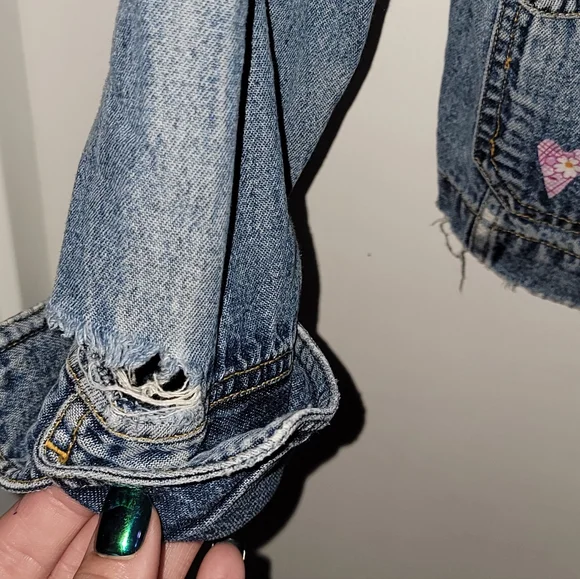 Upcyled Peace Applique Distressed Jean Jacket - Picture 8 of 15